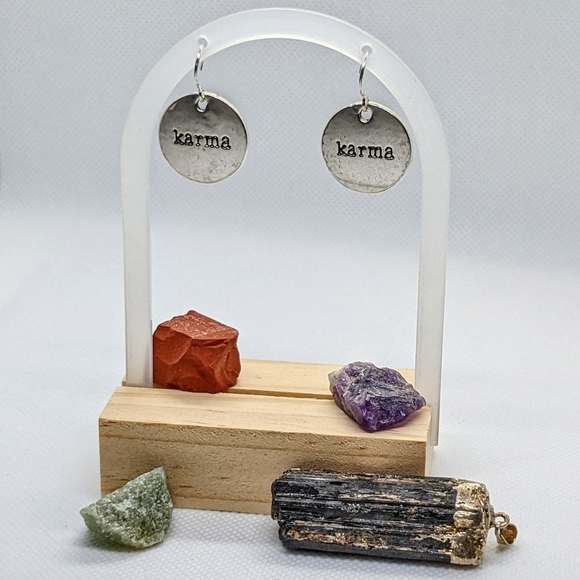 Pewter Karma Dangling Earrings - Sterling Silver Loops - Picture 4 of 5